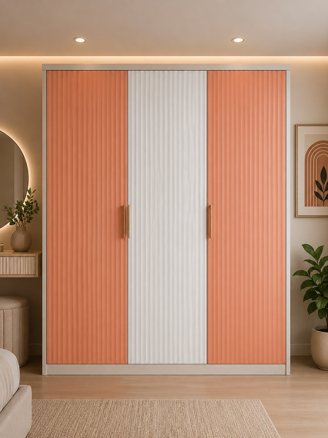Modern 3 Door Sliding Wardrobe with Fluted Panel Design | Dual Tone Coral & White Finish | Premium Modular Bedroom Storage Cabinet with Soft Close System