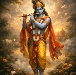 Lord Krishna Flute Playing Wallpaper Divine Radha Krishna Style Spiritual Wall Mural HD Religious Wall Decor Living Room Bedroom Temple Background