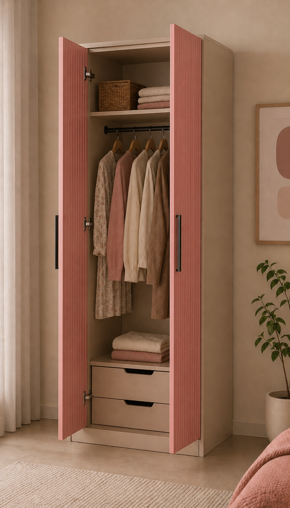 Modern 2 Door Wooden Wardrobe with Drawer Storage | Natural Wood Finish Modular Bedroom Cabinet | Hinged Door Wardrobe with Bottom Drawers & Premium Matte Laminate 2