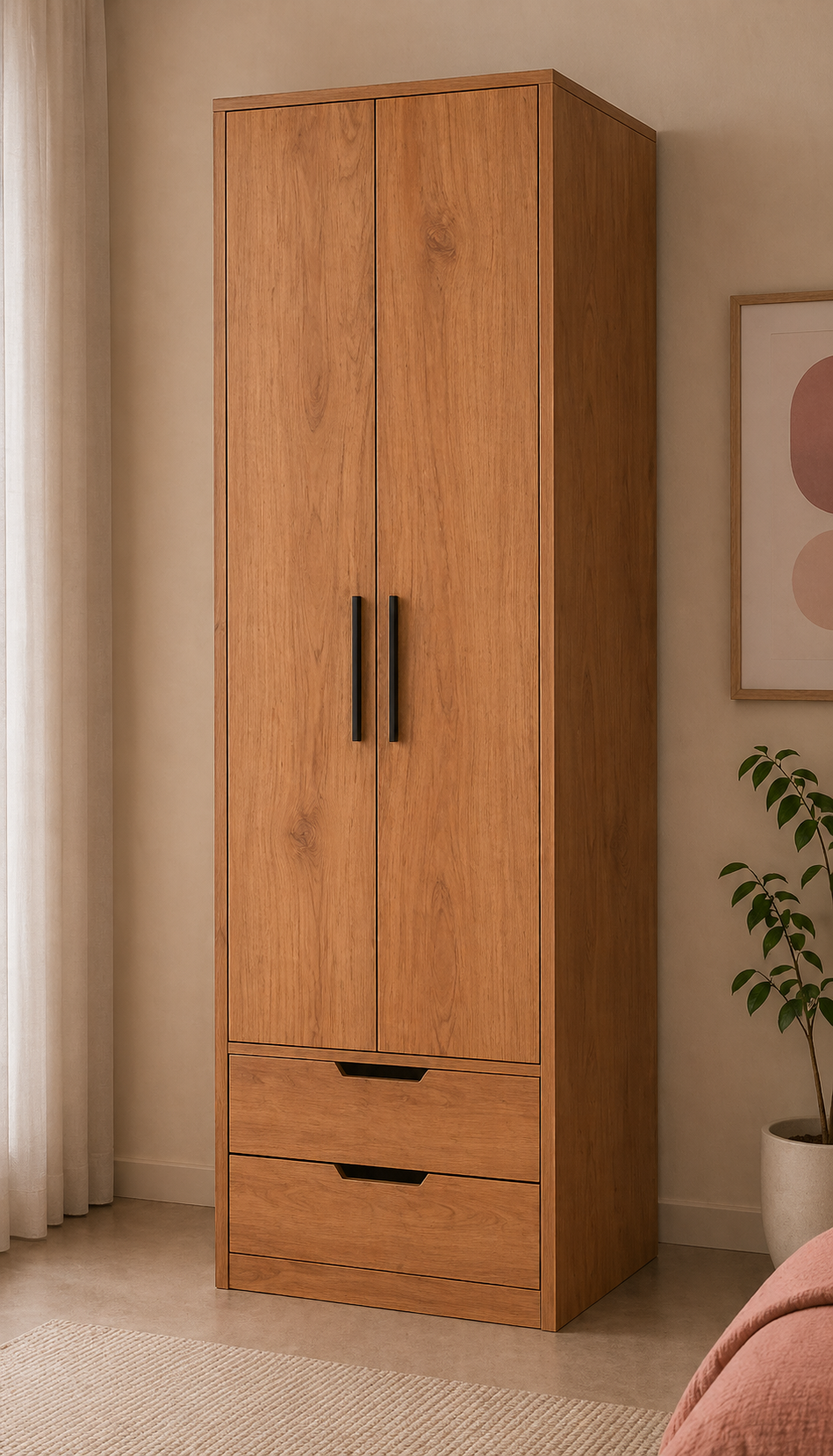 Modern 2 Door Wooden Wardrobe with Drawer Storage | Natural Wood Finish Modular Bedroom Cabinet | Hinged Door Wardrobe with Bottom Drawers & Premium Matte Laminate