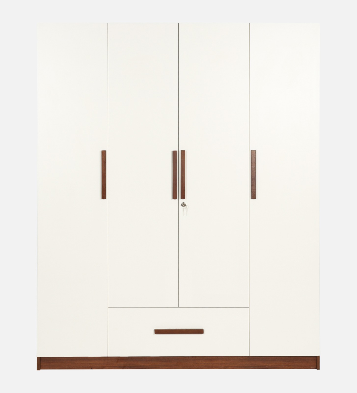 Modern 4 Door Hinged Wardrobe with Drawer & Lock | Dual Tone White & Wood Finish Modular Bedroom Storage Cabinet | Premium Matte Finish Wardrobe