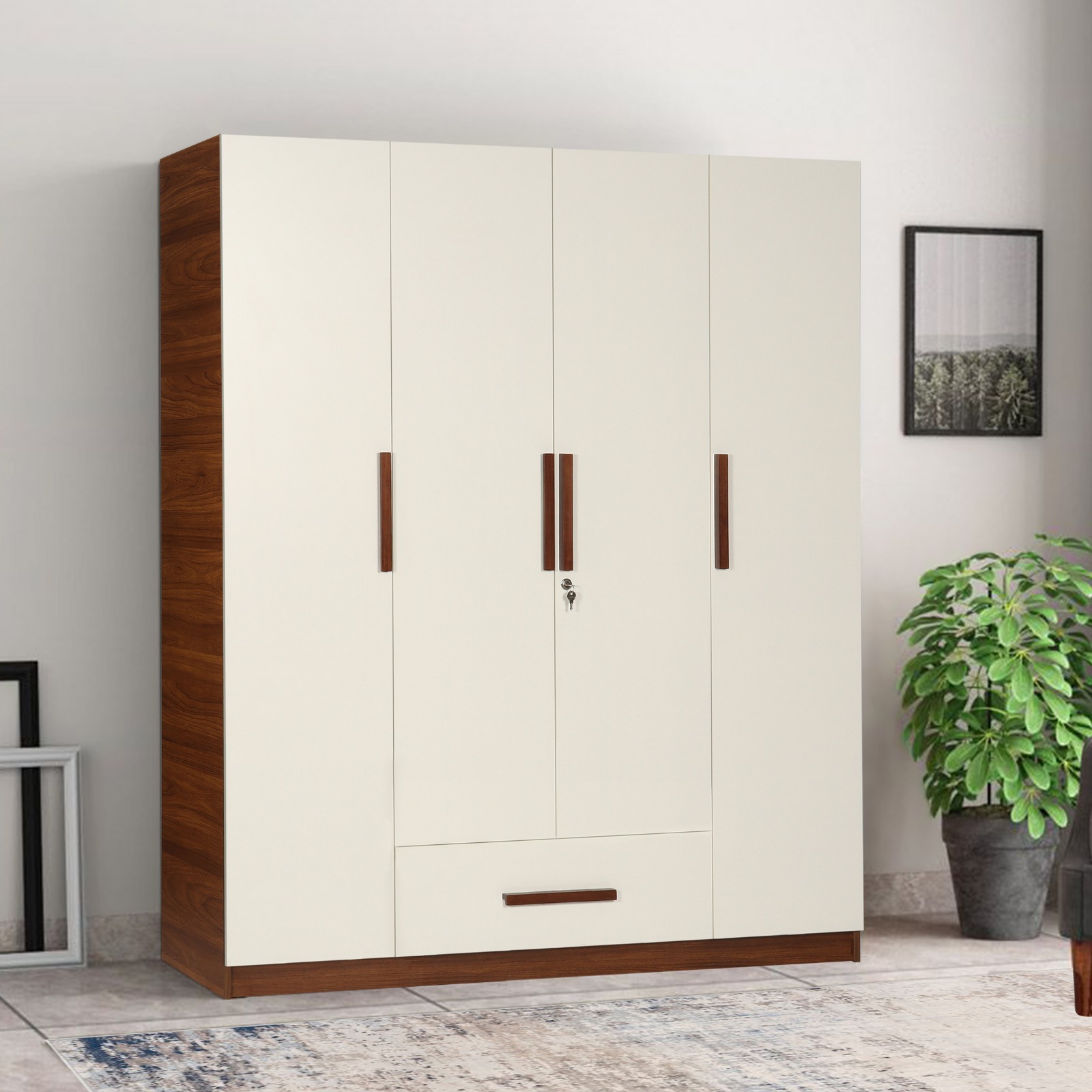 Modern 4 Door Hinged Wardrobe with Drawer & Lock | Dual Tone White & Wood Finish Modular Bedroom Storage Cabinet | Premium Matte Finish Wardrobe 2