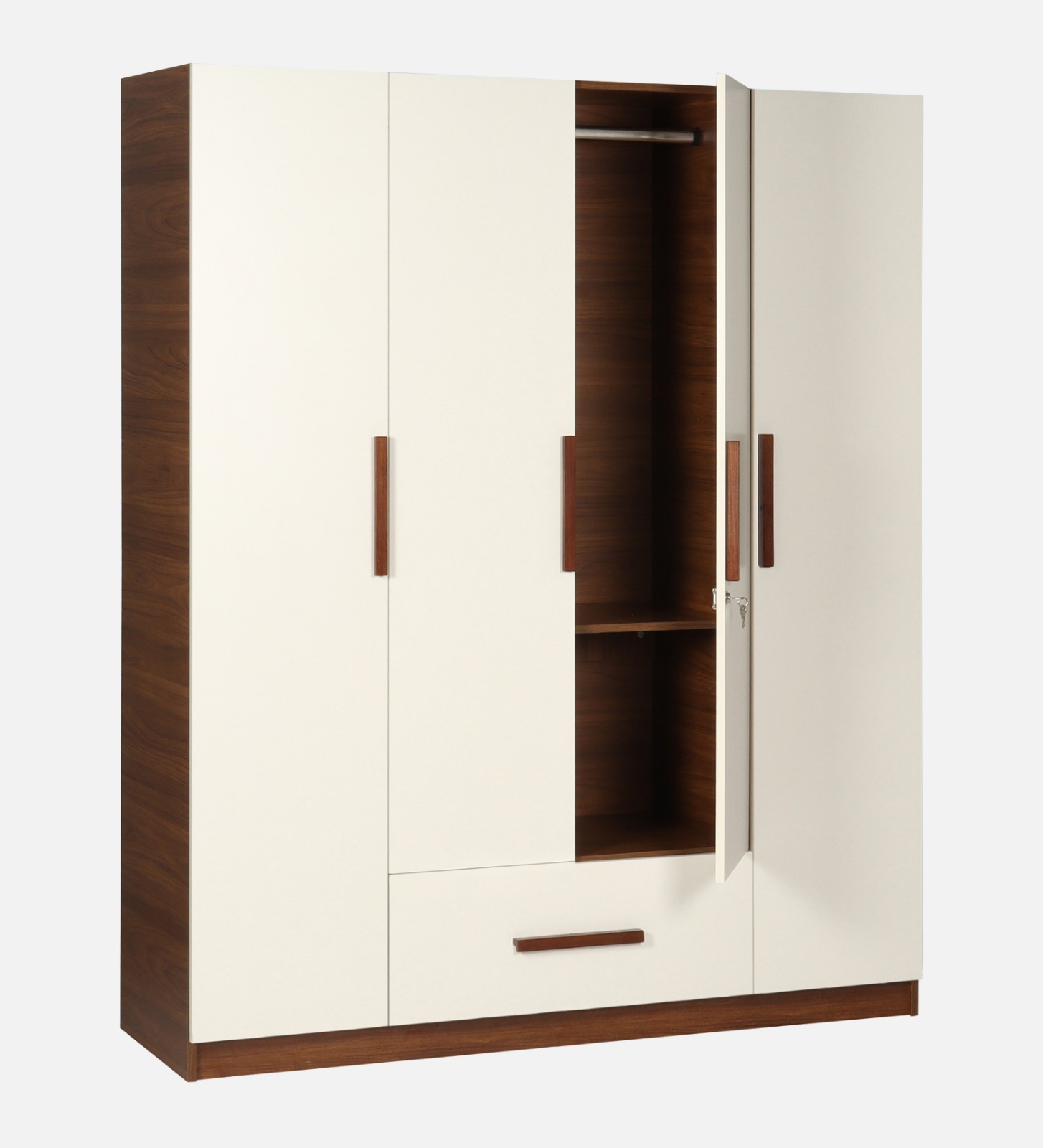 Modern 4 Door Hinged Wardrobe with Drawer & Lock | Dual Tone White & Wood Finish Modular Bedroom Storage Cabinet | Premium Matte Finish Wardrobe 5