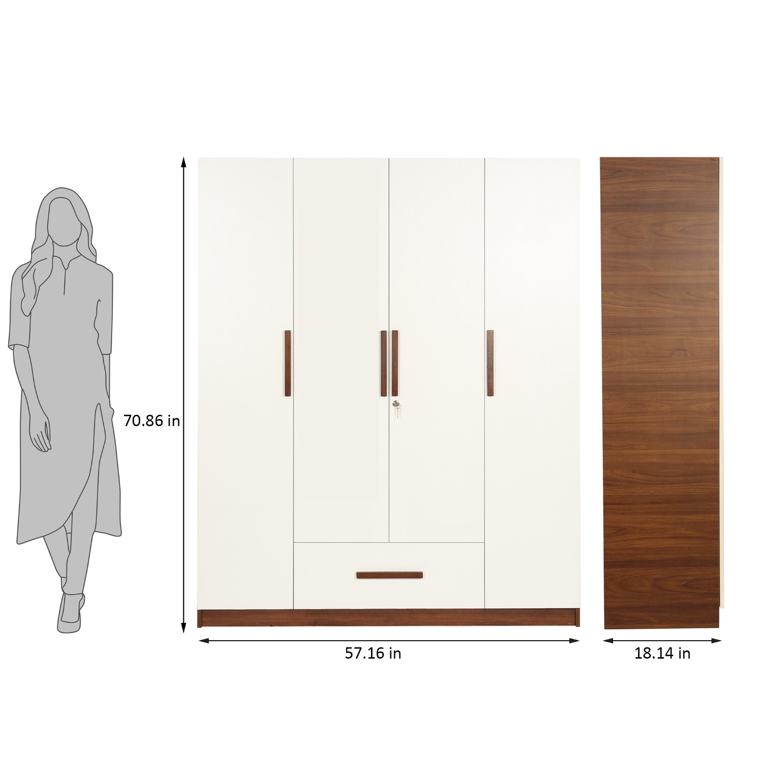 Modern 4 Door Hinged Wardrobe with Drawer & Lock | Dual Tone White & Wood Finish Modular Bedroom Storage Cabinet | Premium Matte Finish Wardrobe 4