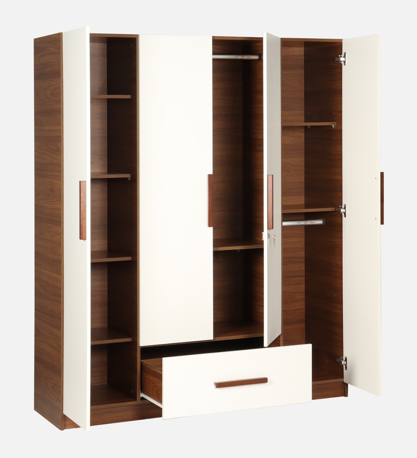 Modern 4 Door Hinged Wardrobe with Drawer & Lock | Dual Tone White & Wood Finish Modular Bedroom Storage Cabinet | Premium Matte Finish Wardrobe 3