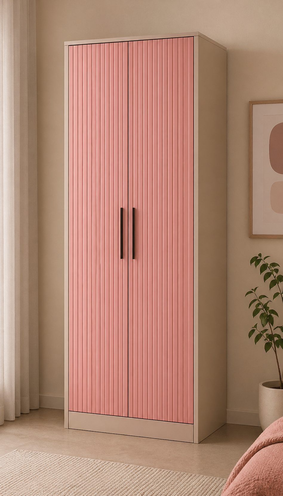 Modern 2 Door Fluted Wardrobe | Pink Matte Finish Modular Bedroom Cabinet | Premium Hinged Wardrobe with Vertical Panel Design & Soft Close Storage 2