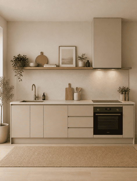 Modern Straight Modular Kitchen Design | Minimal Beige Matte Finish Cabinets with Wooden Shelf & Built-in Oven Setup | Premium Space-Saving Kitchen Solution