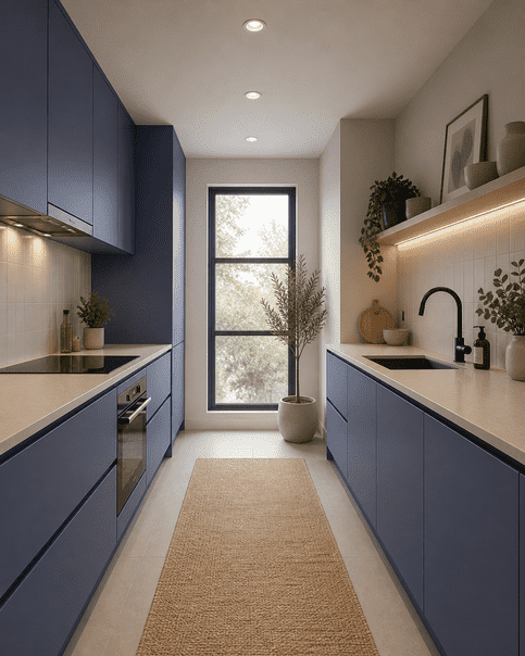 Modern Parallel Modular Kitchen Design | Dual Side Blue Matte Cabinets with Premium Countertop & Built-in Appliances | Space-Optimized Galley Kitchen Setup