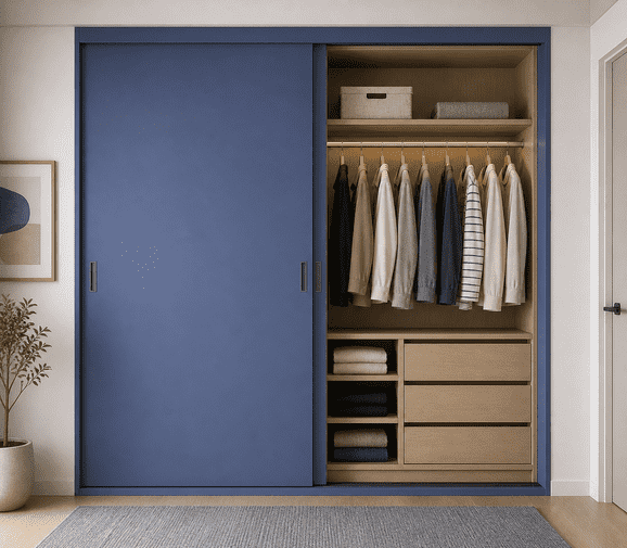 Modern Sliding Door Wardrobe with Internal Storage | Blue Matte Finish Modular Closet with Drawers, Shelves & Hanging Space | Premium Space-Saving Bedroom Wardrobe
