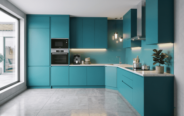 Premium L-Shape Modular Kitchen Design | Teal Blue Matte Finish Cabinets with Built-in Appliances & Soft Close Storage | Modern Luxury Kitchen Interior