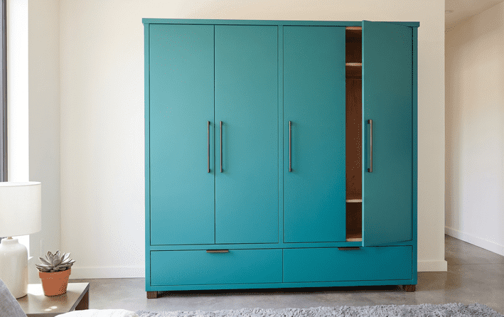 Modern 4 Door Wardrobe with Bottom Drawers | Teal Blue Matte Finish Modular Bedroom Storage Cabinet | Premium Hinged Wardrobe with Spacious Compartments
