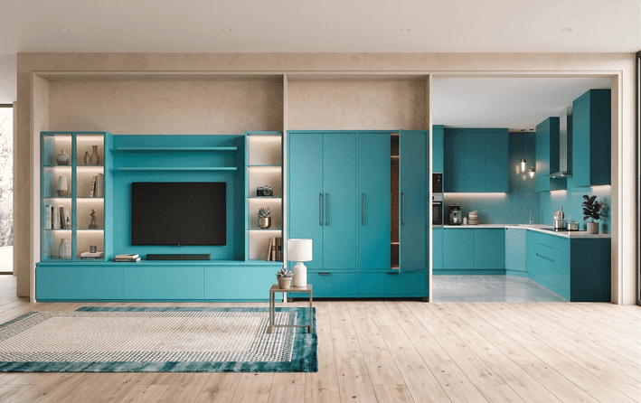 Complete Modern Living Room & Modular Kitchen Interior Set | TV Unit, Wardrobe & Teal Blue L-Shape Kitchen Combo | Premium Home Interior Package
