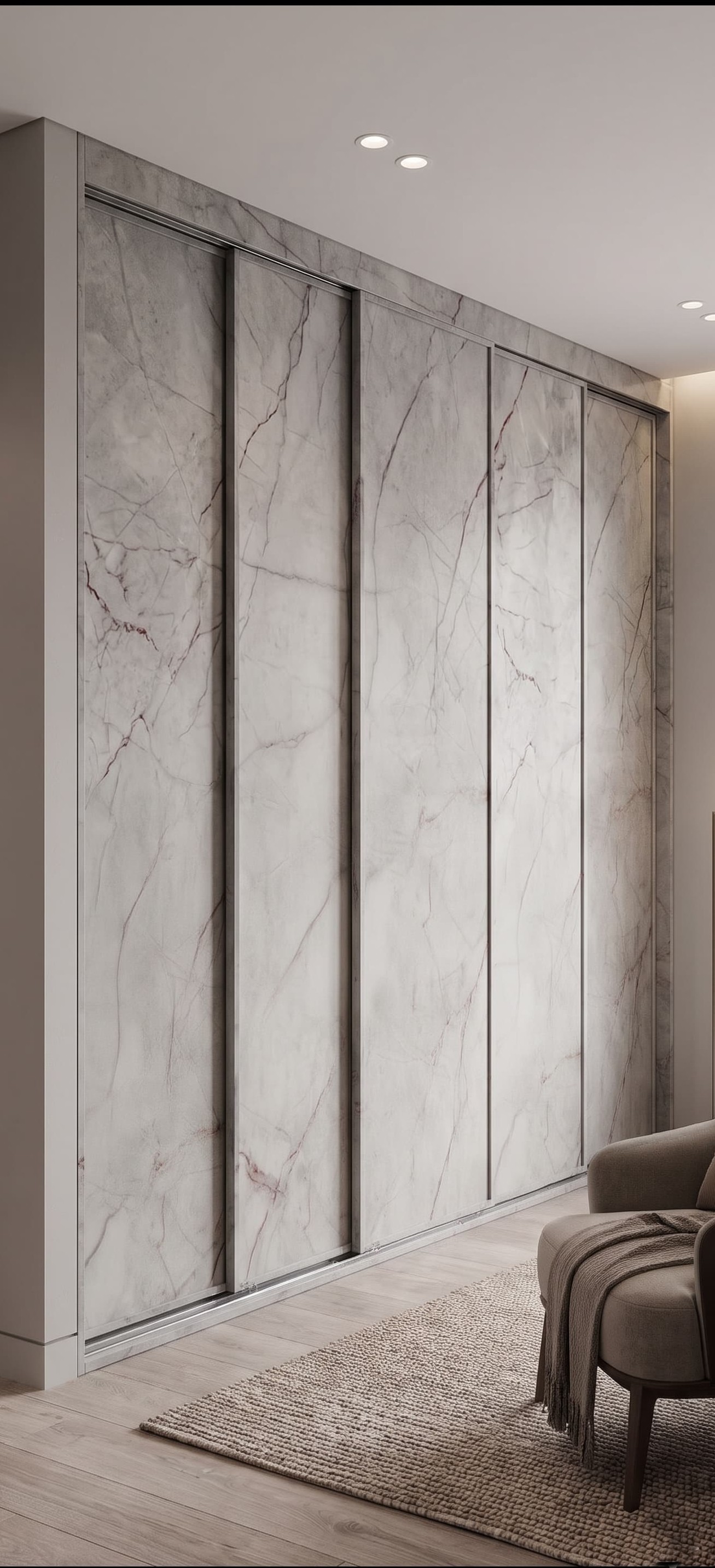 Luxury Marble Finish Sliding Wardrobe | Premium Modern Modular Bedroom Closet with Soft Close Sliding Doors | High Gloss Stone Texture Wardrobe Design