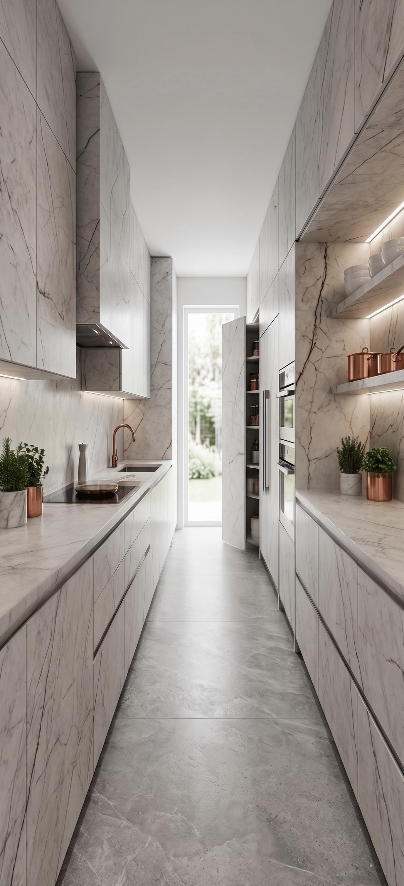 Luxury Marble Modular Kitchen with Seamless Integrated Cabinetry and Copper Accents