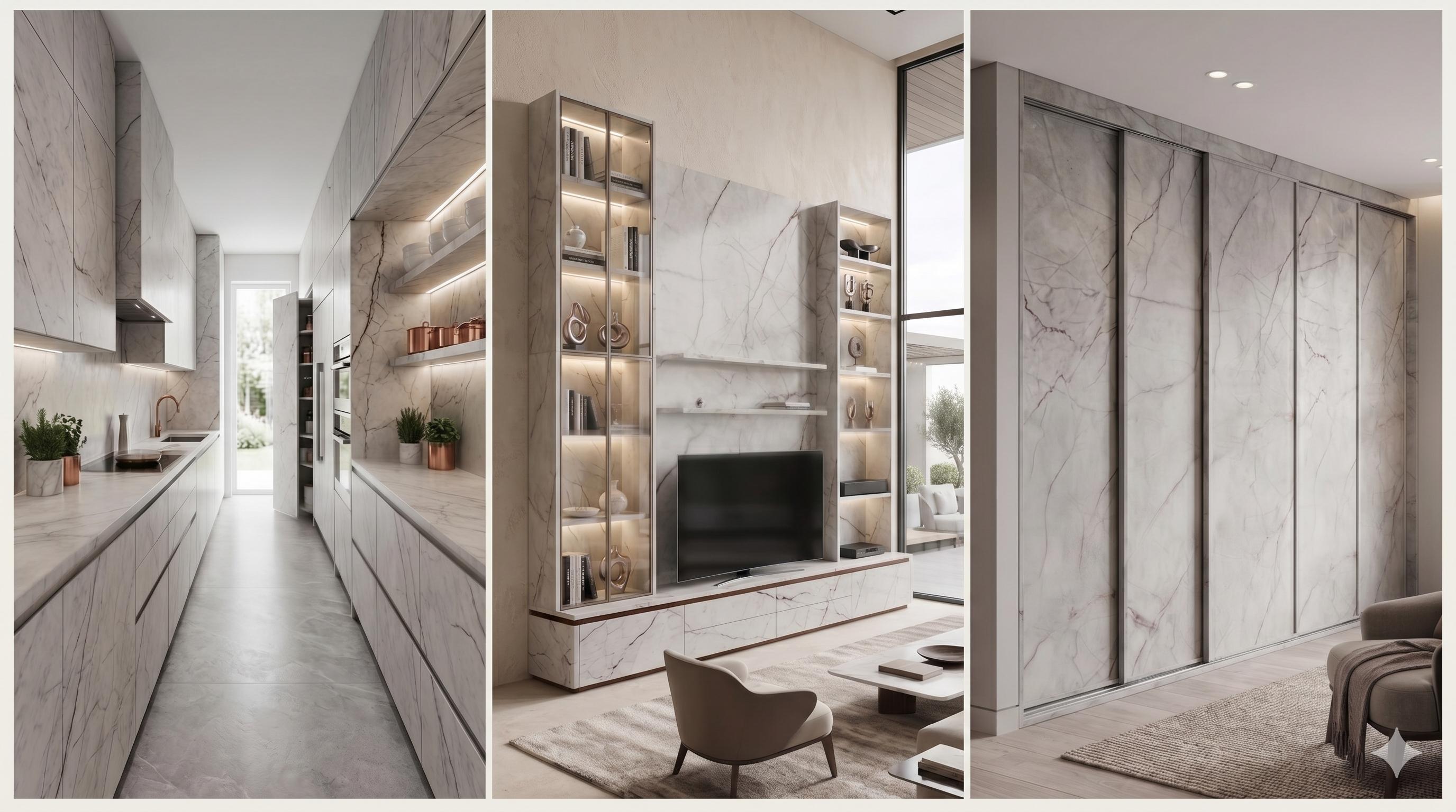 Luxe Statuario Marble-Finish Modular Kitchen with Integrated Hidden Pantry and Designer Copper Fixtures