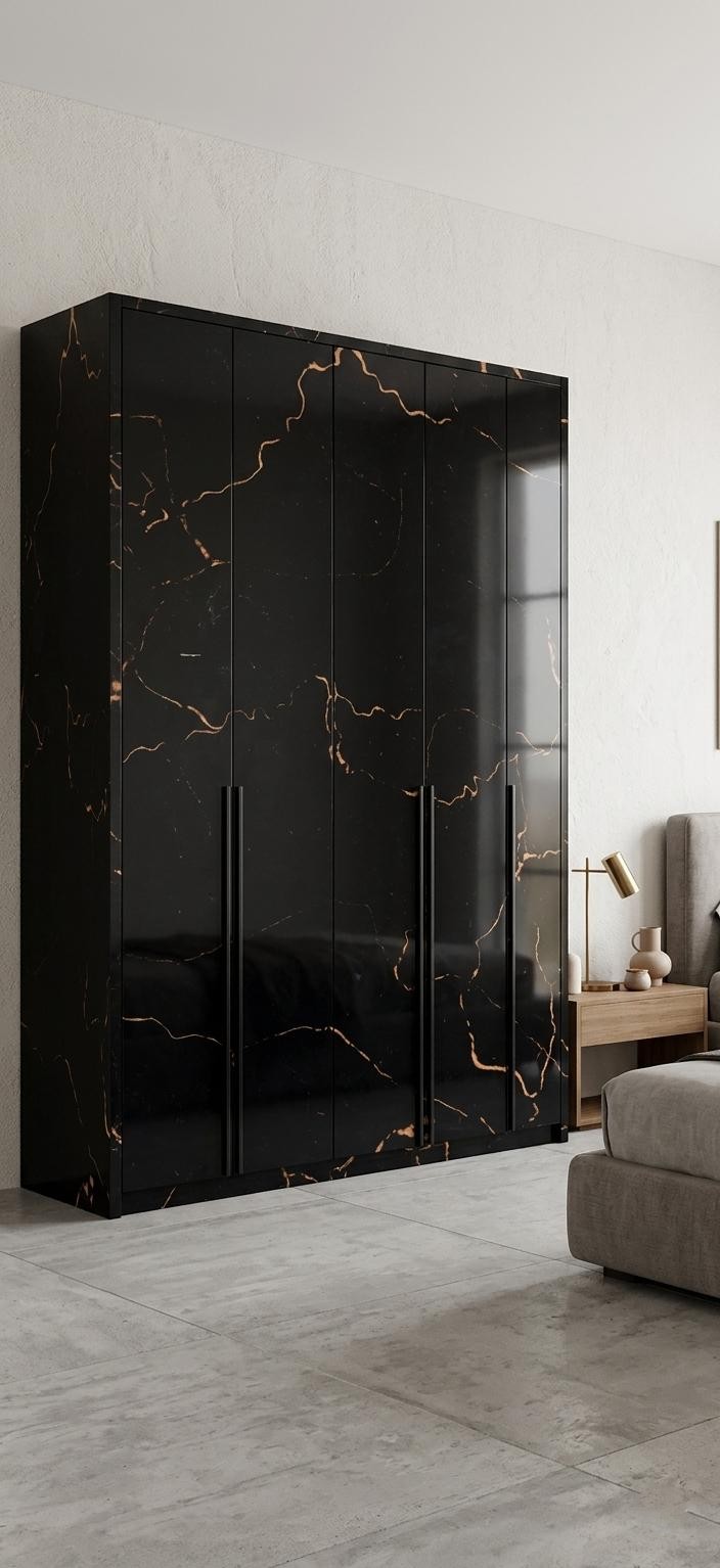 Obsidian Gold Designer Wardrobe –5-Door High-Gloss Marble Finish Modular Suite