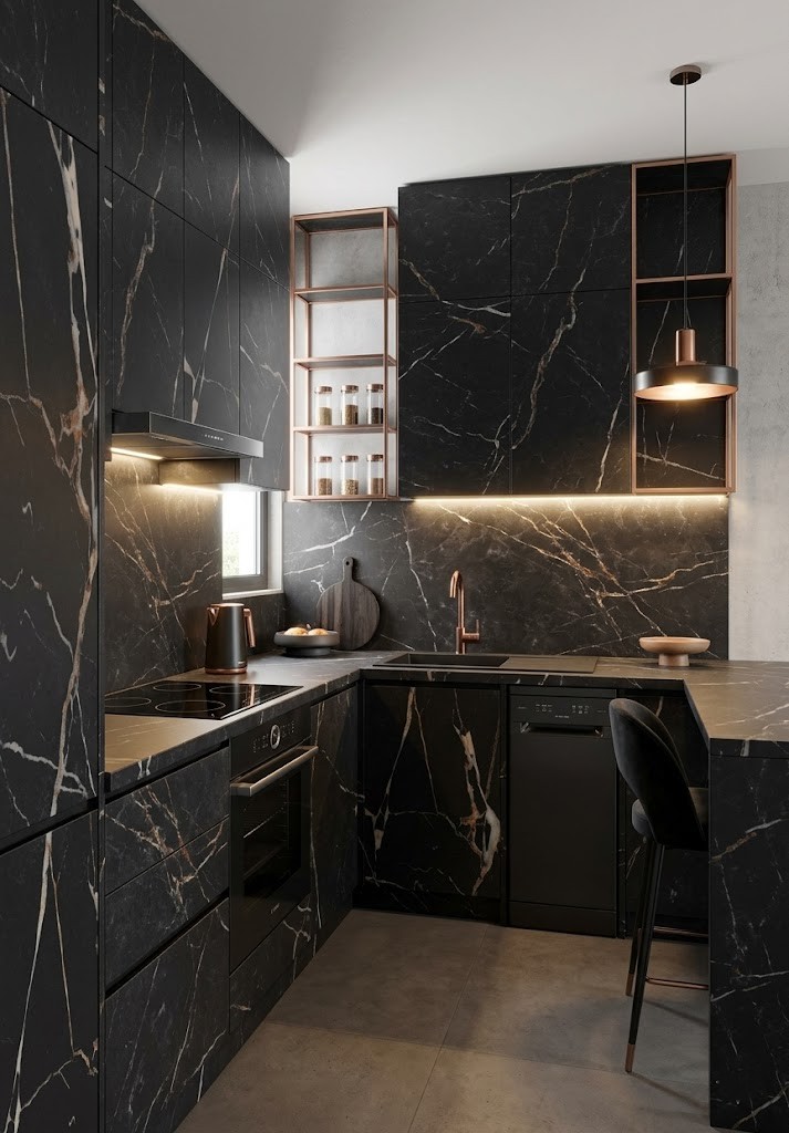 Obsidian Rose Elite Modular Kitchen – U-Shaped Nero Marble Design with Copper Hardware
