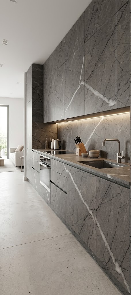 Slate Paetra Elite Modular Kitchen  Grey Marble Galley Suite with Seamless Veining