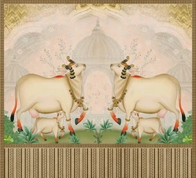 Traditional Pichwai Cow & Calf Wallpaper with Mughal Architecture Background