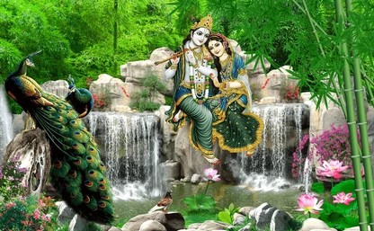 Divine Radha Krishna Waterfall Wallpaper with Peacocks and Bamboo Forest