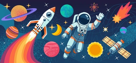 Vibrant Astronaut in Space Kids Wallpaper with Planets and Rocket