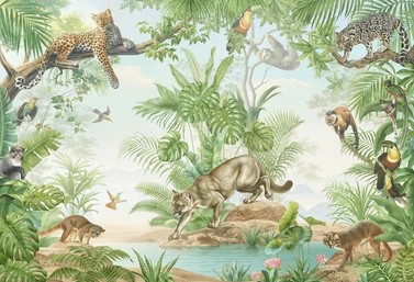 Tropical Wildlife Jungle Wallpaper with Leopard and Exotic Birds
