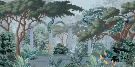 Vintage Greek Temple Garden & Peacock Landscape Wallpaper