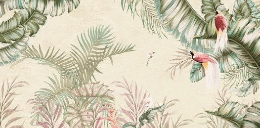 Birds of Paradise Tropical Palm & Banana Leaf Scenic Wallpaper