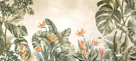 Earthy Tropical Monstera & Bird of Paradise Botanical Wallopaper