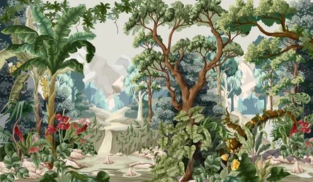 Tropical Paradise Jungle & Misty Mountain Scenic Wall Mural