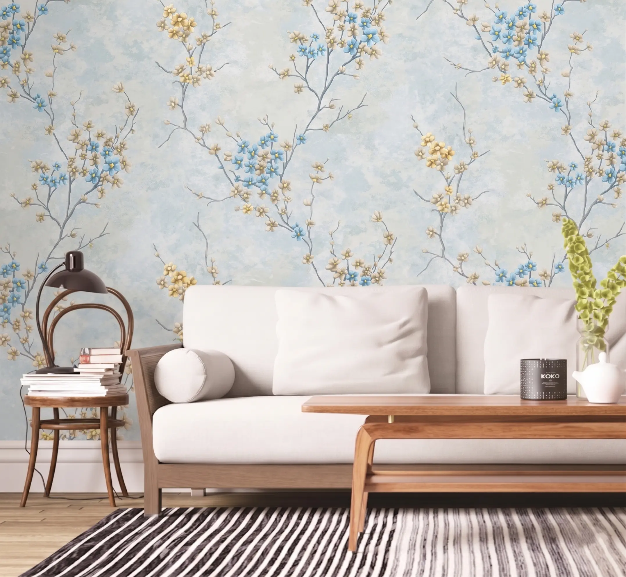 Elegant Chinoiserie Cherry Blossom Floral Wallpaper for Living Room