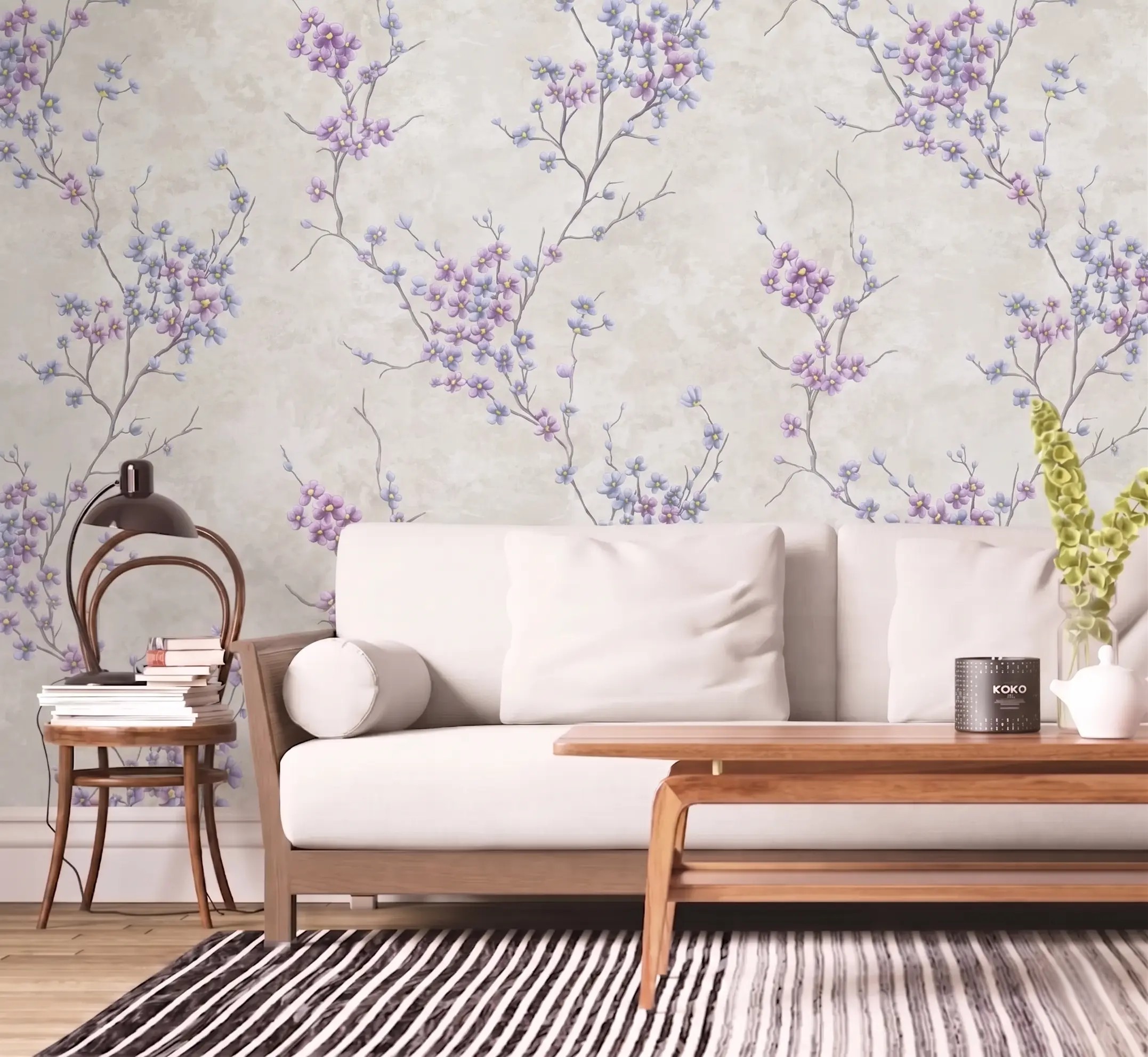 Elegant Chinoiserie Purple Cherry Blossom Wallpaper for Living Room Glue -Adhesive