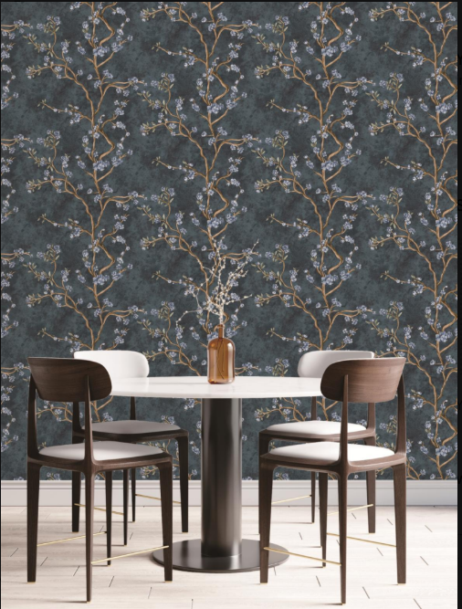 Luxury Dark Charcoal Chinoiserie Cherry Blossom Floral Wallpaper Glue -Adhesive