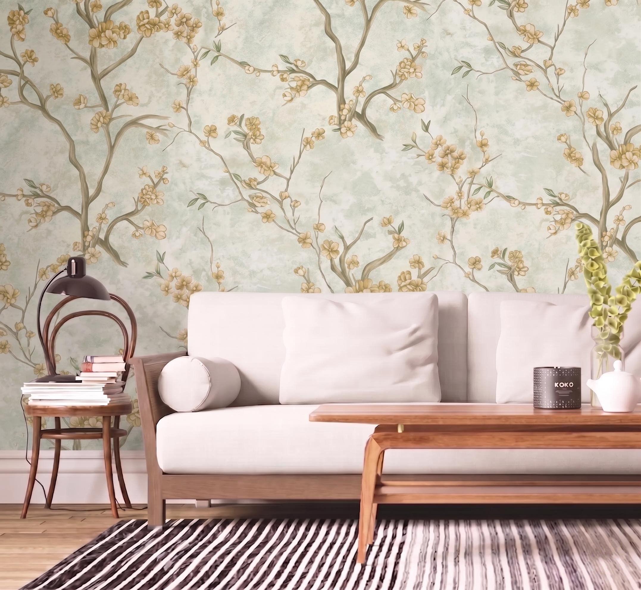 Vintage Sage Green Chinoiserie Cherry Blossom Floral Wallpaper Glue -Adhesive