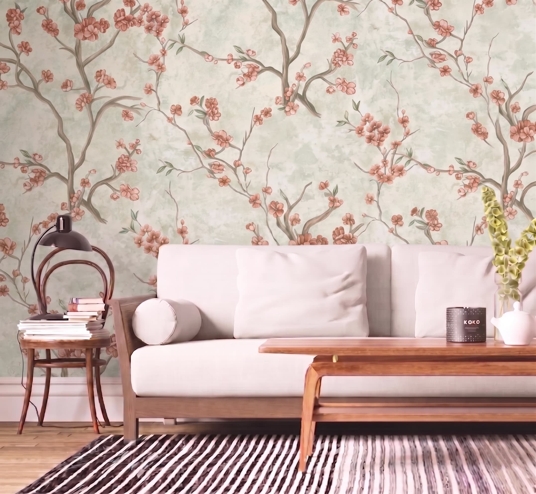 Luxury Peach Cherry Blossom Chinoiserie Sage Green Wallpaper Glue -Adhesive