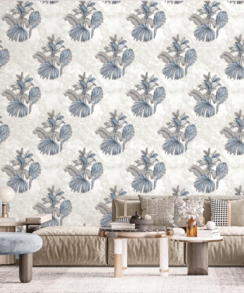 Luxury Steel Blue Tropical Fan Palm Damask Wallpaper Glue -Adhesive