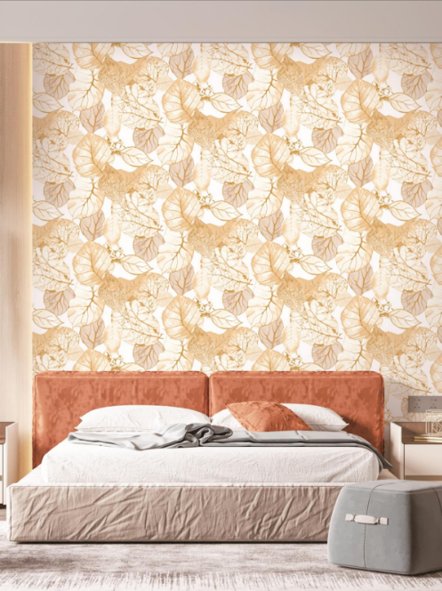 Luxury Golden Autumn Foliage Abstract Skeletal Leaf Wallpaper Glue -Adhesive