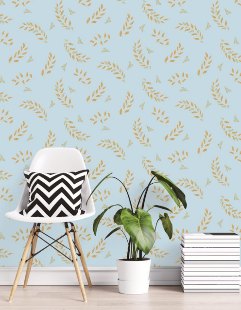 Modern Minimalist Golden Leaf Sprig Pattern Sky Blue Wallpaper Glue -Adhesive