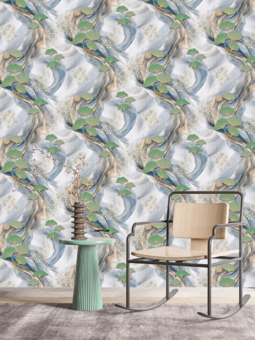 Luxury Japanese Ginkgo Leaf Abstract Fluid Marble Wallpaper Glue -Adhesive