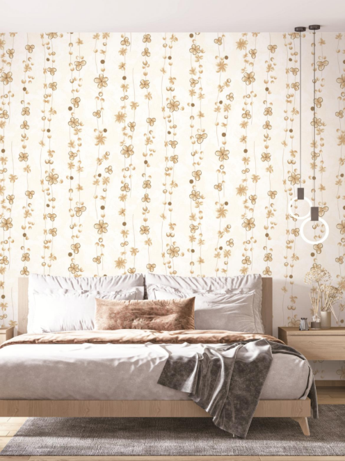 Luxury Golden Floral Vine Trail Minimalist Vertical Pattern Wallpaper Glue -Adhesive