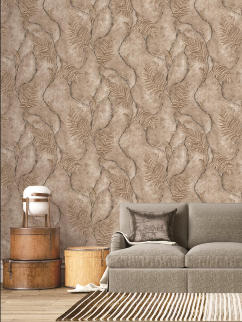 Luxury Earthy Taupe Embossed Fern Leaf Stone Texture Wallpaper Glue -Adhesive