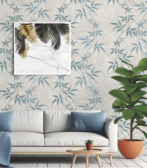 Luxury Teal Blue Bamboo Leaf Botanical Textured Wallpaper Glue -Adhesive