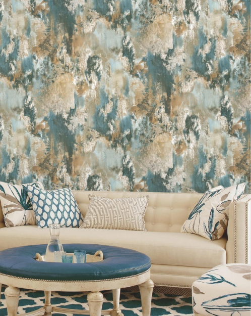 Luxury Abstract Teal Blue and Bronze Gold Distressed Oil Paint Mural Wallpaper Glue -Adhesive