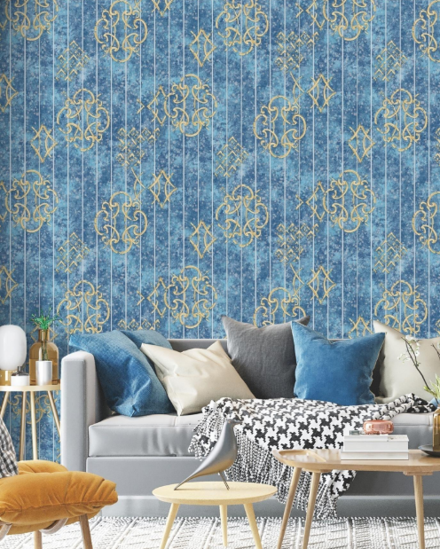 Luxury Royal Blue and Gold Vintage Pinstripe Damask Motif Wallpaper Glue -Adhesive