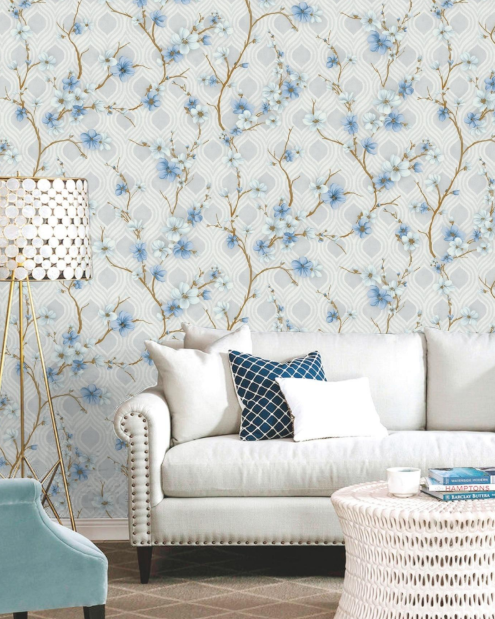 Luxury Japanese Sky Blue Cherry Blossom Geometric Ogee Lattice Wallpaper Glue -Adhesive