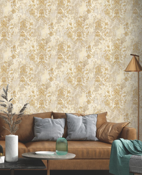Luxury Classical Gold Damask Distressed Concrete Plaster Wallpaper Glue -Adhesive