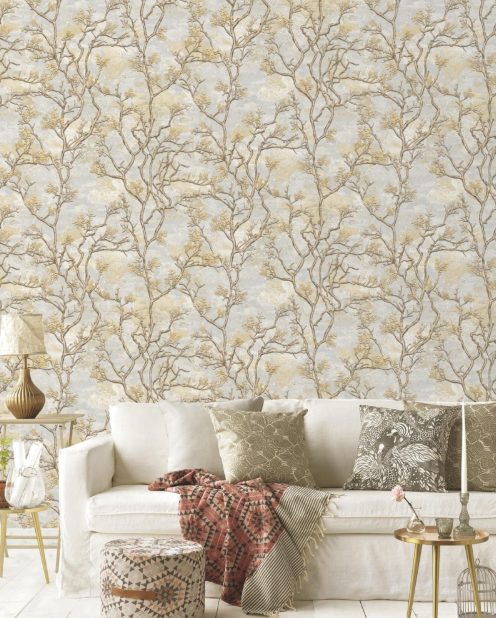 Luxury Vintage Golden Woodland Winter Tree Branch Distressed Plaster Wallpaper Glue -Adhesive