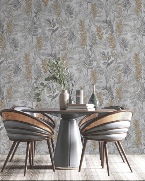 Luxury Modern Embossed Grey and Gold Tropical Leaf Silhouette Wallpaper Glue -Adhesive