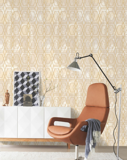 Luxury Art Deco Metallic Gold Geometric Hexagon Lattice Wallpaper Glue -Adhesive