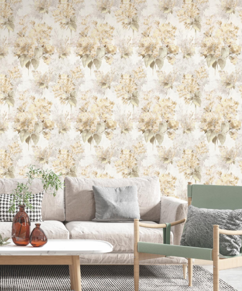 Vintage Watercolor Hydrangea Floral Wallpaper Glue -Adhesive